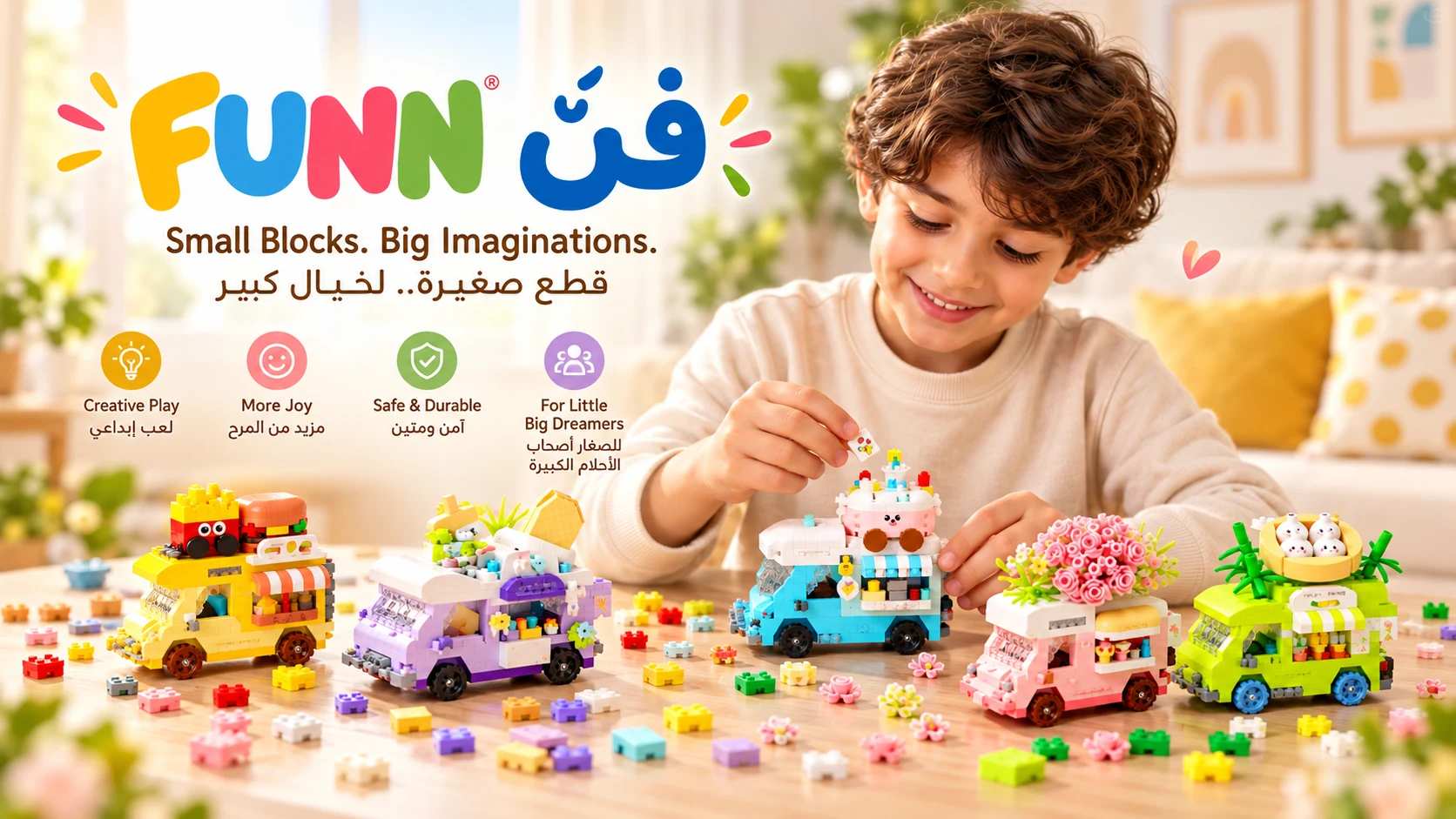 FUNN building block food trucks and a child playing at a table